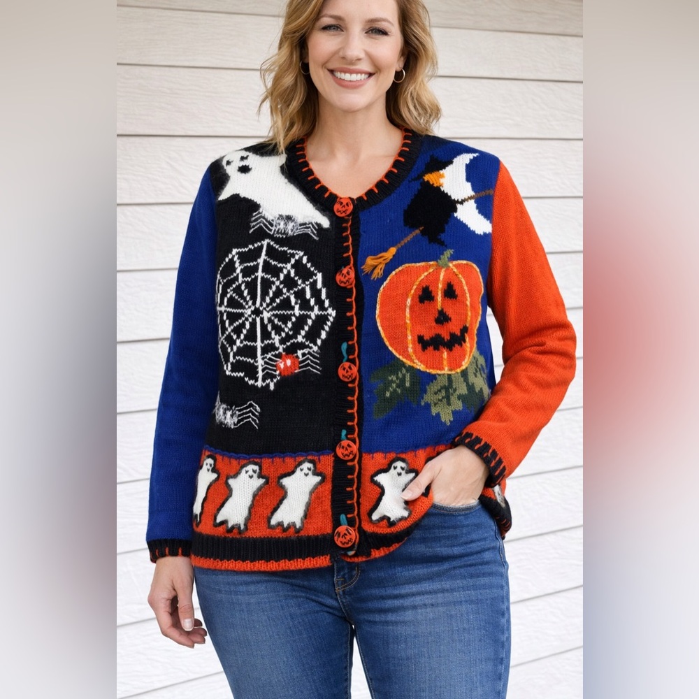 Vinatge Halloween Cardigan Sweater Ghost Pumpkin Witch Spider Web Button Up